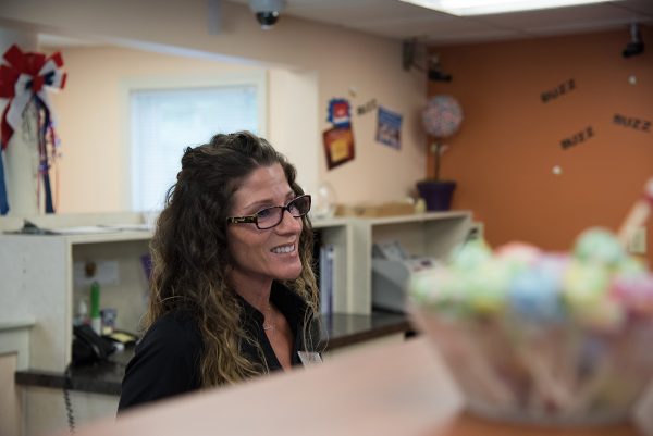 Woman at teller line