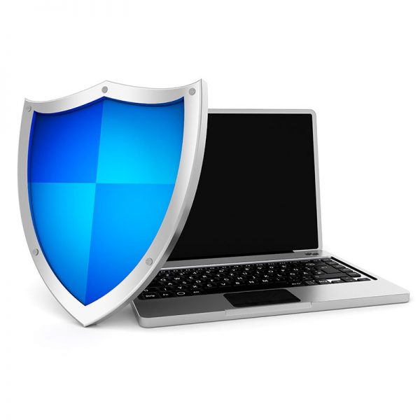Shield leaning against a laptop