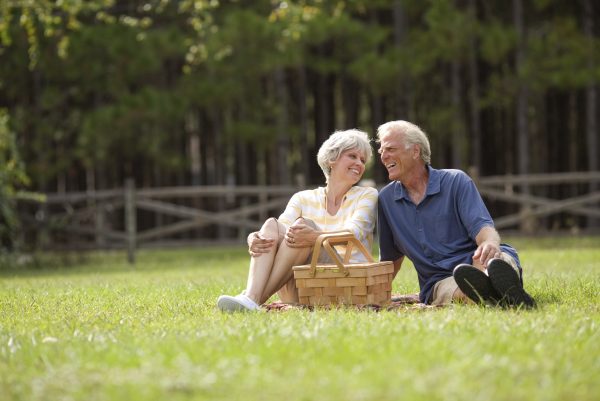 Elderly couple sitting in a park with a picnic basket.