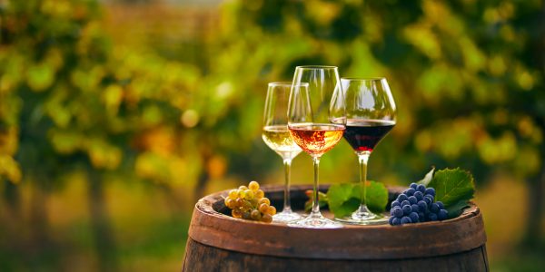 Three glasses of wine on a table outside