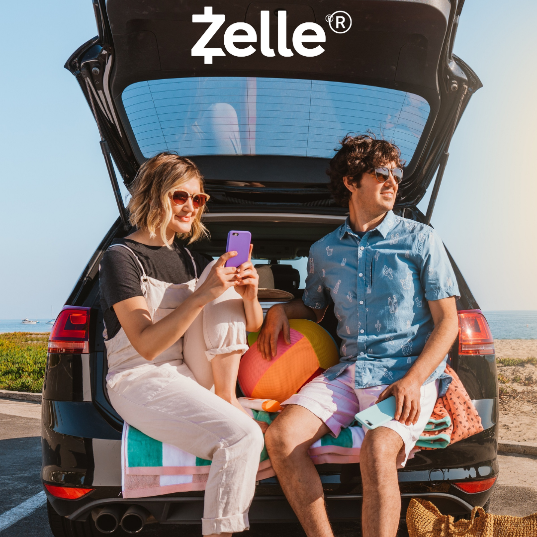 Image of young couple having fun tailgating. Promoting Zelle.