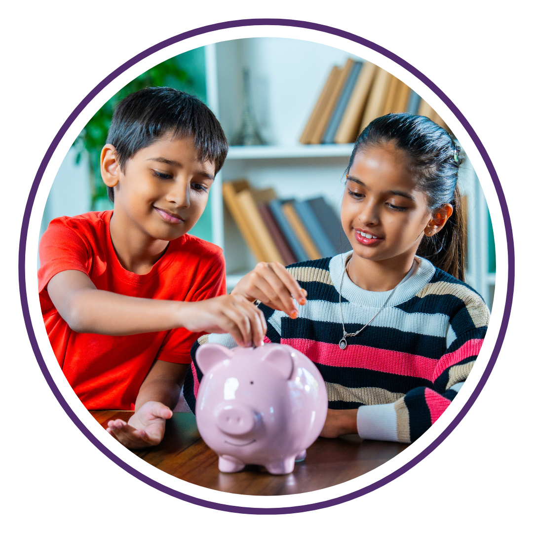 Brother and Sister putting money into a piggy bank to save for the future